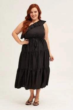 Black Midi Dress One Frill Shoulder -You And All Fashion Store Black Midi Dress One Frill Shoulder cdd25494 35ab 3