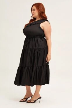 Black Midi Dress One Frill Shoulder -You And All Fashion Store Black Midi Dress One Frill Shoulder cdd25494 35ab 4