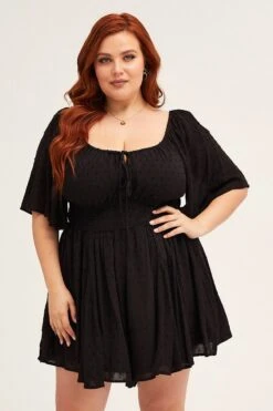 Black Ruched Playsuit Short Sleeve Sweetheart Neck