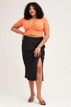 Black Slip Skirt Midi Elastic Waist Jacquard Satin