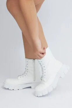 White Chunky Lace Up Ankle Boots