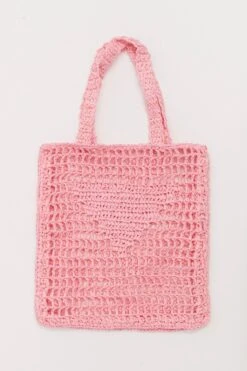 Pink Crochet Straw Tote Bag