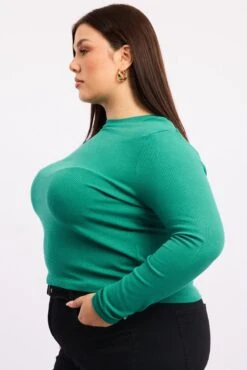 Green T-shirt Crew Neck Long Sleeve Rib Semi Crop -You And All Fashion Store CBS1170 84J Khaki3