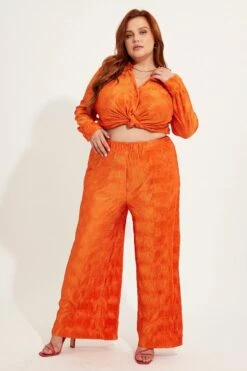 Orange Plisse Pants Wide Leg High Rise -You And All Fashion Store CBT8224X 36PBORANGE 3