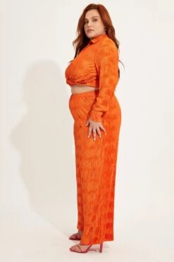 Orange Plisse Pants Wide Leg High Rise -You And All Fashion Store CBT8224X 36PBORANGE 4