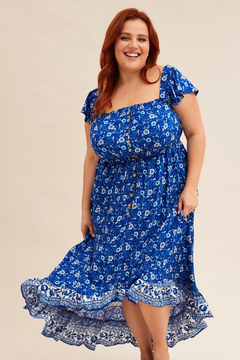 Blue Boho Midi Dress Sort Sleeve Ruffle 2 Blue Boho Midi Dress Sort Sleeve Ruffle - Image 2