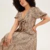 Beige Animal Print Midi Dress Short Sleeve Tie Front Satin