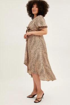 Beige Animal Print Midi Dress Short Sleeve Tie Front Satin -You And All Fashion Store CDD1409 35RBANIMALPRT 4