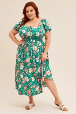 Green Floral Short Puff Sleeve Midi Slit Dress -You And All Fashion Store CDD1414KD 81RBFLORAL 3
