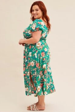 Green Floral Short Puff Sleeve Midi Slit Dress -You And All Fashion Store CDD1414KD 81RBFLORAL 4