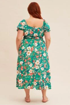 Green Floral Short Puff Sleeve Midi Slit Dress -You And All Fashion Store CDD1414KD 81RBFLORAL 5