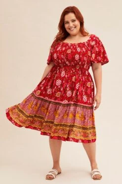 Red Boho Short Sleeve Boho Skater Dress -You And All Fashion Store CDD1568KD 34RBBOHO 3