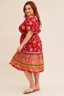 Red Boho Short Sleeve Boho Skater Dress -You And All Fashion Store CDD1568KD 34RBBOHO 4