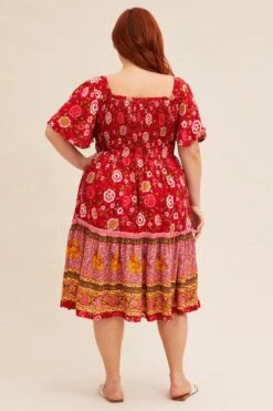 Red Boho Short Sleeve Boho Skater Dress -You And All Fashion Store CDD1568KD 34RBBOHO 5