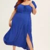 Azure Midi Dress Puff Sleeve With Split Crinkle Rayon