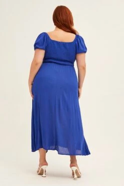Azure Midi Dress Puff Sleeve With Split Crinkle Rayon -You And All Fashion Store CDD25450N 46ABAZURE 5