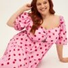 Pink Polka Dot Mini Dress Puff Sleeve Gather Front Peephole
