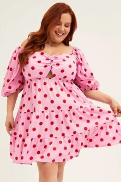 Pink Polka Dot Mini Dress Puff Sleeve Gather Front Peephole -You And All Fashion Store CDD25921 46ABPOLKADOT 3