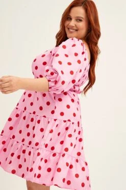 Pink Polka Dot Mini Dress Puff Sleeve Gather Front Peephole -You And All Fashion Store CDD25921 46ABPOLKADOT 4