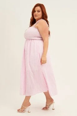 Pink Stripe Midi Dress Frill Shoulder Sleeveless Shirred Bust -You And All Fashion Store CDD8499 35ABSTRIPE 4