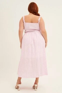 Pink Stripe Midi Dress Frill Shoulder Sleeveless Shirred Bust -You And All Fashion Store CDD8499 35ABSTRIPE 5