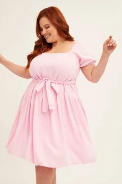 Pale Pink Mini Dress Short Sleeve Scoop Neck Linen Blend -You And All Fashion Store CDDK31780 34ABPALEPINK 3