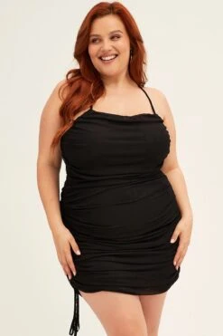 Black Mini Dress Cross Back Ruched Bodycon Mesh -You And All Fashion Store CED13204 33ABBLACK 3