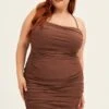 Brown Mini Dress Cross Back Ruched Bodycon Mesh