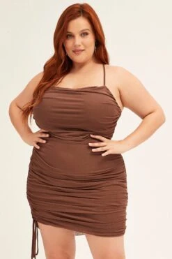 Brown Mini Dress Cross Back Ruched Bodycon Mesh -You And All Fashion Store CED13204 33ABBROWN 3