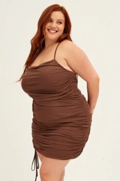 Brown Mini Dress Cross Back Ruched Bodycon Mesh -You And All Fashion Store CED13204 33ABBROWN 4