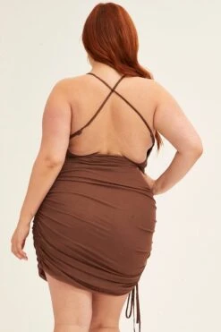 Brown Mini Dress Cross Back Ruched Bodycon Mesh -You And All Fashion Store CED13204 33ABBROWN 5