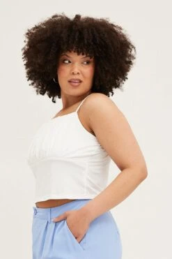 White Sleeveless Black Gather Bust Detail Singlet Top -You And All Fashion Store CJC31482 35ABWHITE 4