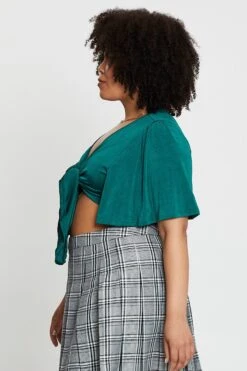 Green Short Flare Sleeve Front Tie Crop Top -You And All Fashion Store CJD22603 34ABGREEN 4