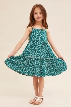 Green Ditsy Kids Sleeveless Button Front Floral Dress