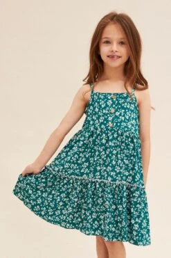 Green Ditsy Kids Sleeveless Button Front Floral Dress -You And All Fashion Store CKD12214G 81RBDITSY 3