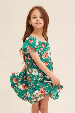 Green Floral Kids Dress Tiered
