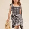 Black Check Fit And Flare Dress Sleeveless Shirred
