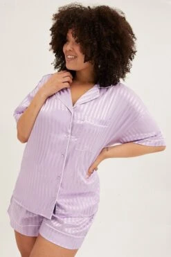 Purple Stripe Pyjamas Set Short Sleeve Collared Shorts Satin -You And All Fashion Store CNW01114B 84WBSTRIPE 3