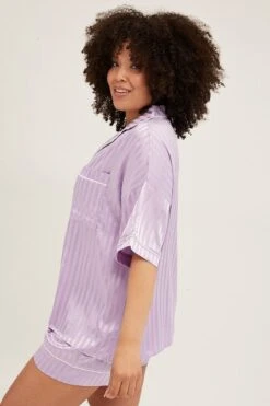 Purple Stripe Pyjamas Set Short Sleeve Collared Shorts Satin -You And All Fashion Store CNW01114B 84WBSTRIPE 4