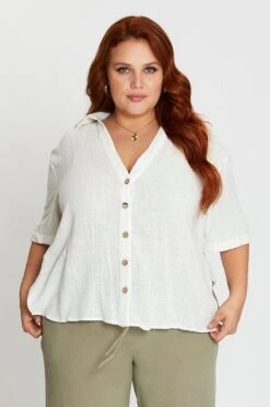 White V-neck Shirt Short Sleeve Textured -You And All Fashion Store CWC1059 35AWHITE 3
