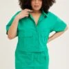Green Short Sleeve Pocket Crop Shirts