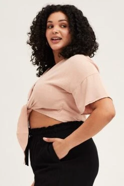 Beige Short Sleeve Linen Blend Tie Front Shirt -You And All Fashion Store CWC1547 35ABOATMEAL 4