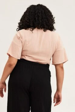 Beige Short Sleeve Linen Blend Tie Front Shirt -You And All Fashion Store CWC1547 35ABOATMEAL 5