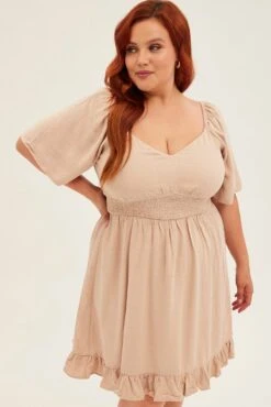 Beige Skater Dress Short Flare Sleeve V-neck Shirred -You And All Fashion Store Camel Skater Dress Short Flare Sleeve V Neck Shirred cdd8302 36a 3