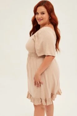 Beige Skater Dress Short Flare Sleeve V-neck Shirred -You And All Fashion Store Camel Skater Dress Short Flare Sleeve V Neck Shirred cdd8302 36a 4