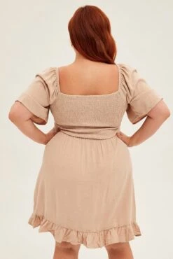 Beige Skater Dress Short Flare Sleeve V-neck Shirred -You And All Fashion Store Camel Skater Dress Short Flare Sleeve V Neck Shirred cdd8302 36a 5