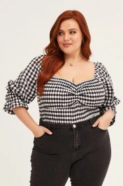 Check Short Sleeve Gingham Check Shirred Bodysuit