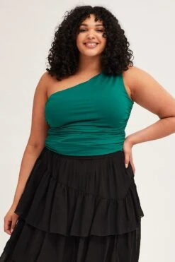 Green One Shoulder Top Ruched Jersey