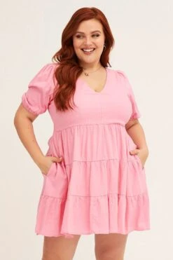 Pink V-neck Puff Sleeve Tiered Mini Dress -You And All Fashion Store Pink V Neck Puff Sleeve Tiered Mini Dress cdd25859 33ab 3