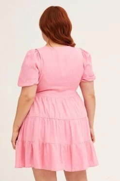 Pink V-neck Puff Sleeve Tiered Mini Dress -You And All Fashion Store Pink V Neck Puff Sleeve Tiered Mini Dress cdd25859 33ab 5